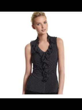 White House Black Market Black Sleeveless Polka Dot Ruffle Blouse